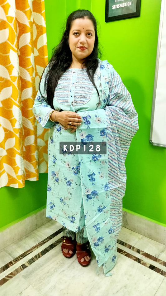 PREMIUM PURE COTTON AQUA BLUE DUPATTA PANTS SUIT SET - KDP128