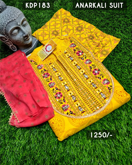 PURE COTTON YELLOW ANARKALI DUPATTA PANTS SUIT SET - KDP183