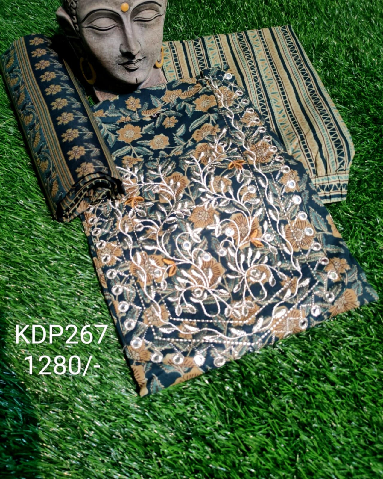 PREMIUM PURE COTTON GREEN / BLUE DUPATTA PANTS SUIT SET - KDP267