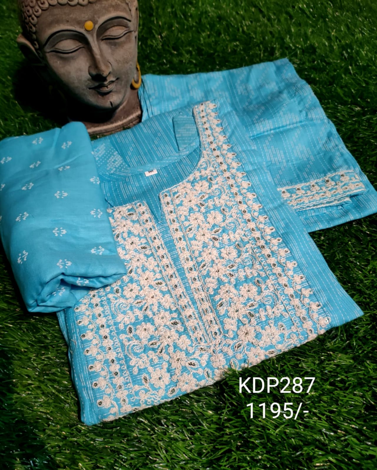 PREMIUM LINEN EMBROIDERY GREEN / BLUE DUPATTA PANTS SUIT SET - KDP287