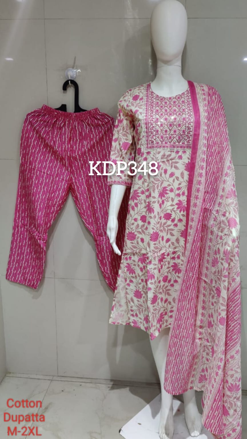 PREMIUM COTTON WHITE PINK FLORAL DUPATTA PANTS SUIT SET - KDP348