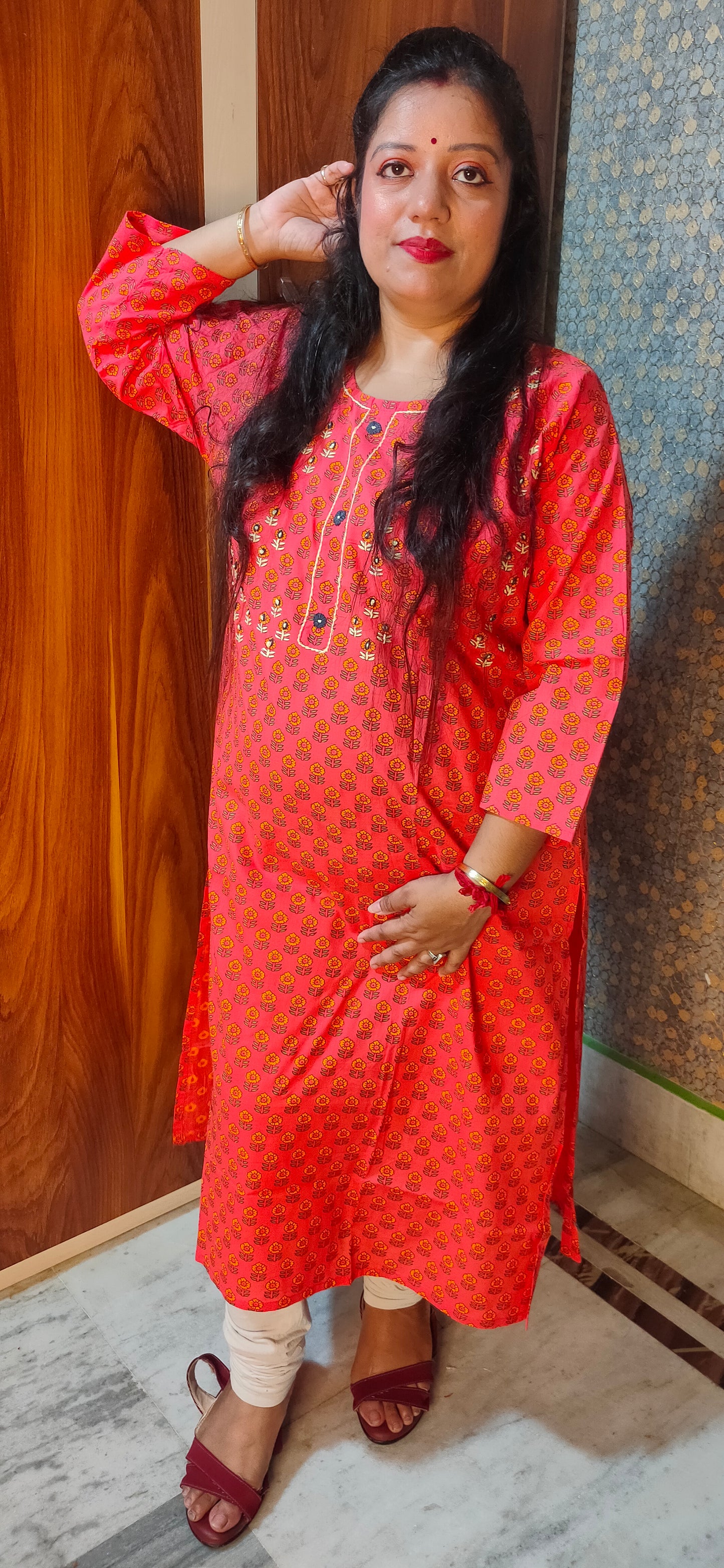 PREMIUM PURE COTTON PLUS SIZE RED FLORAL KURTI - K175