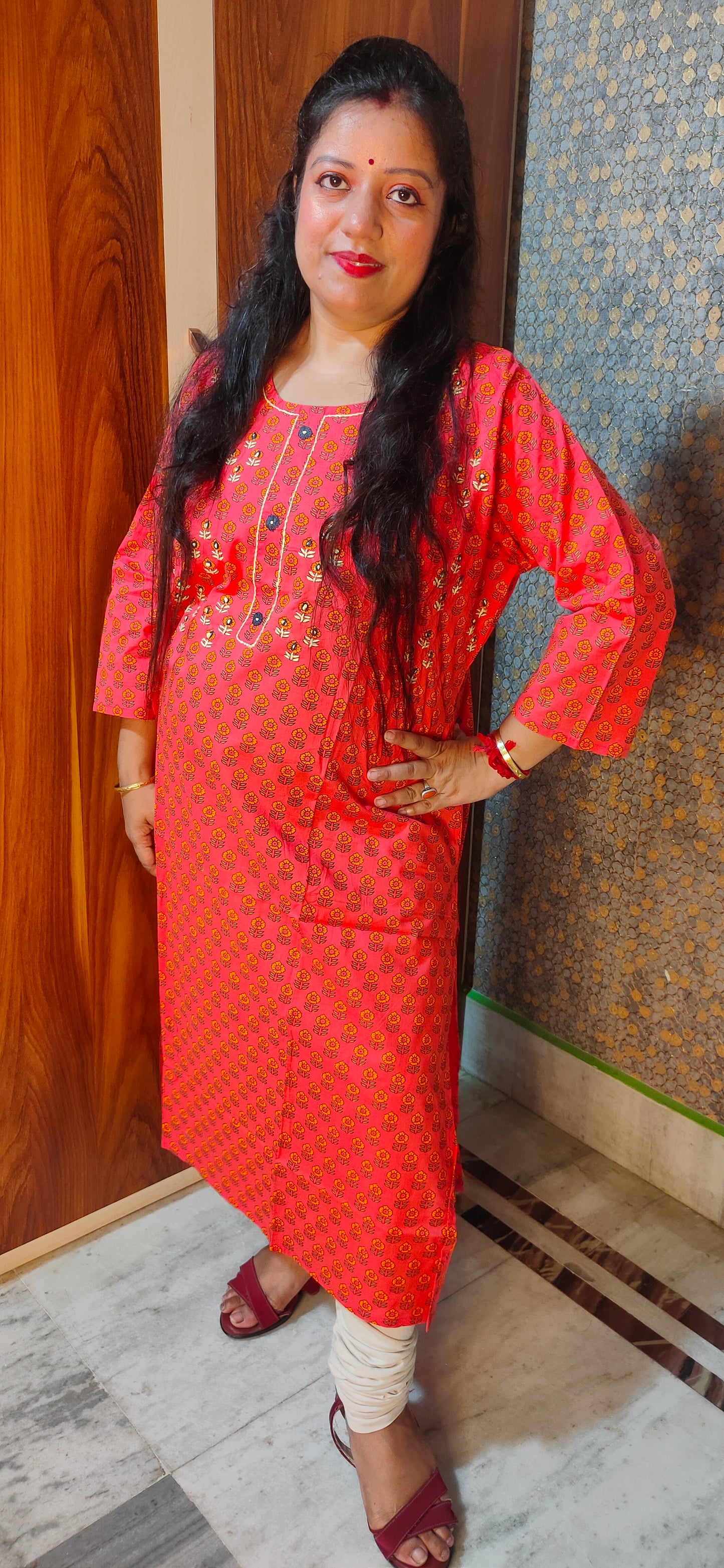 PREMIUM PURE COTTON PLUS SIZE RED FLORAL KURTI - K175