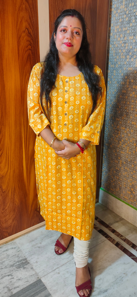 PREMIUM PURE COTTON PLUS SIZE YELLOW FLORAL KURTI - K179