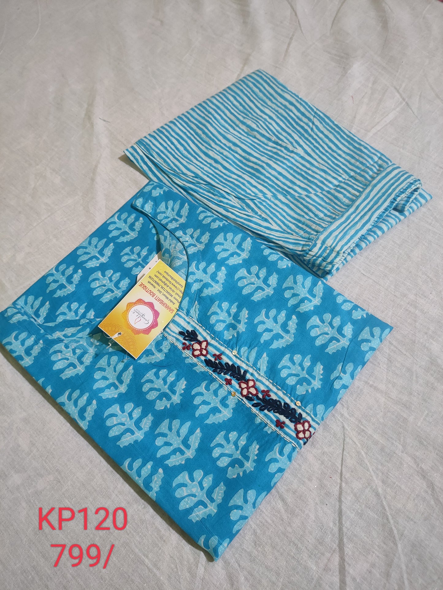 PREMIUM PURE COTTON SKY BLUE KURTI PANT SETS - KP120