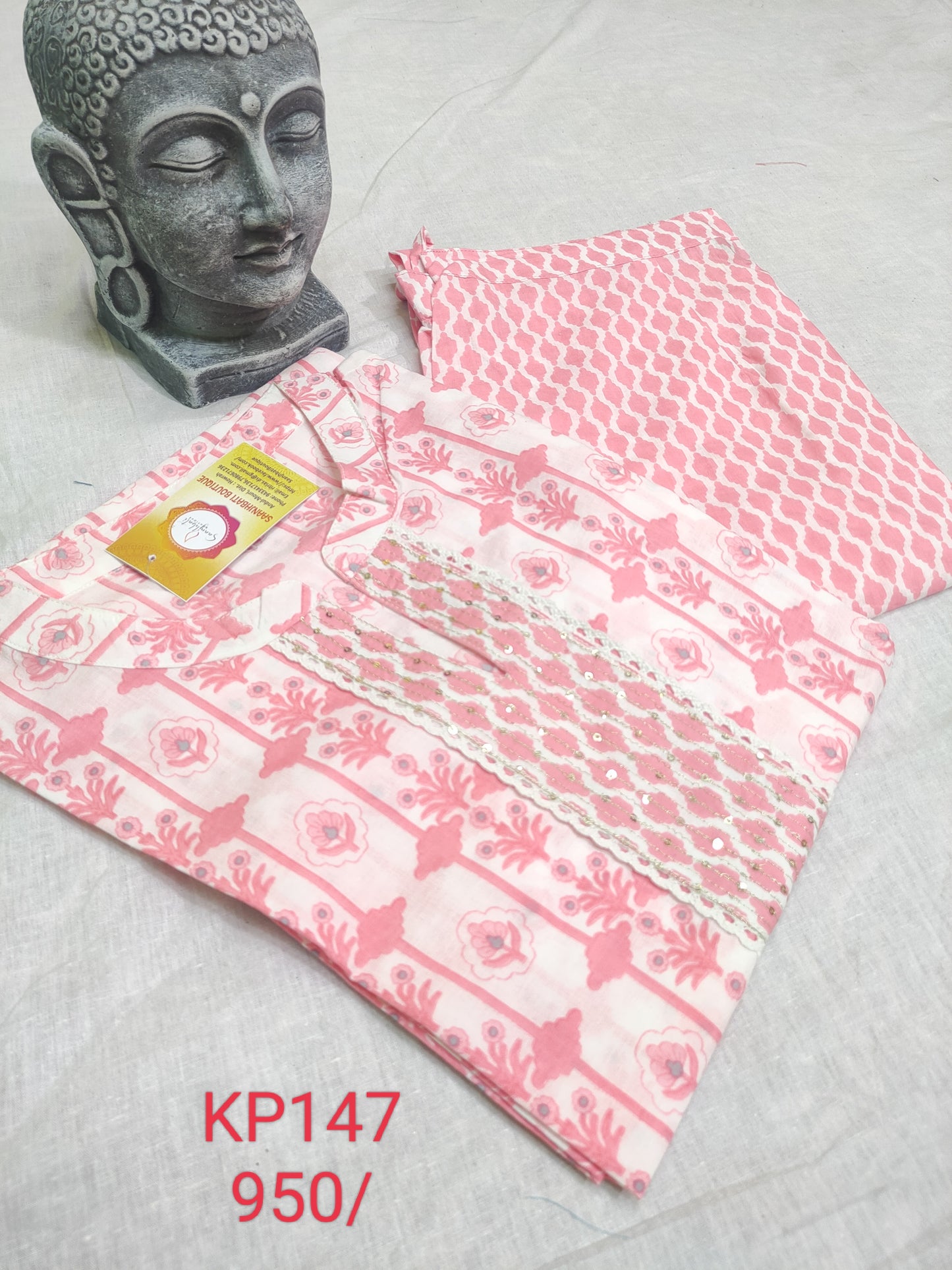 PREMIUM PURE COTTON WHITE PINK KURTI PANT SETS - KP147