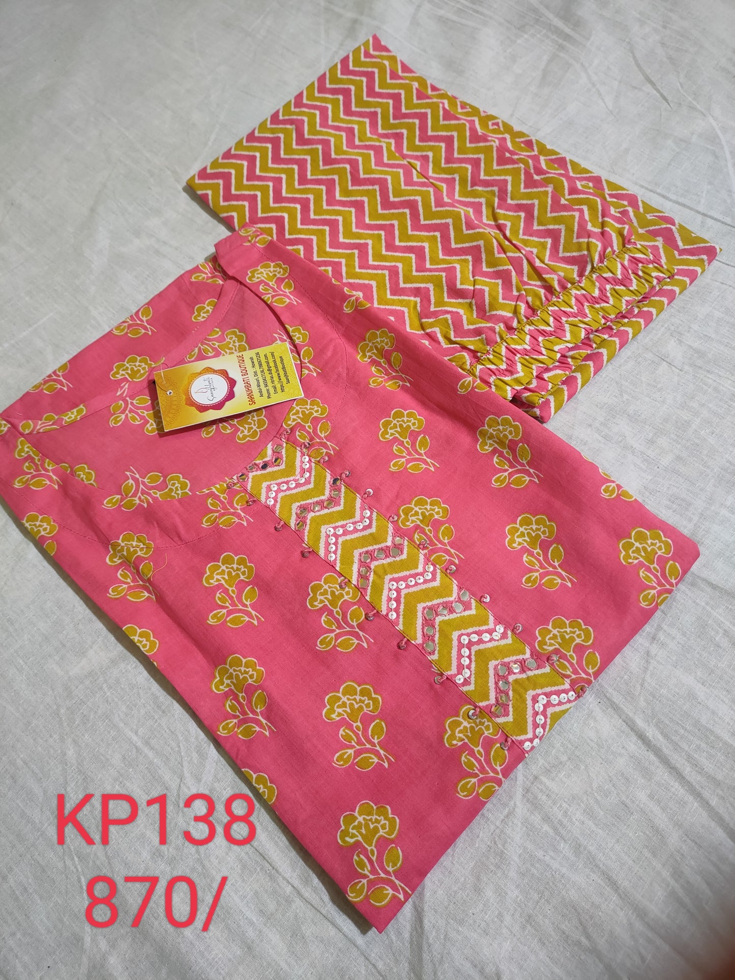 PREMIUM PURE COTTON PINK KURTI PANT SETS - KP138