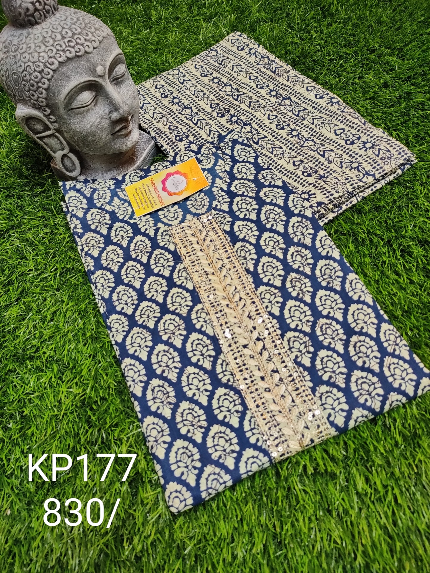 PREMIUM PURE COTTON AJRAKH BLUE KURTI PANT SETS - KP177