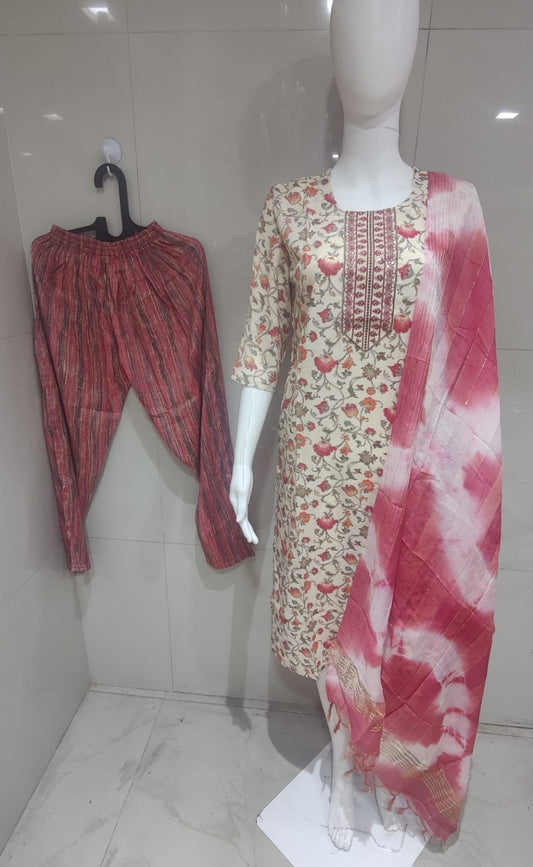 PURE COTTON RED DUPATTA PANTS SUIT SET - KDP170