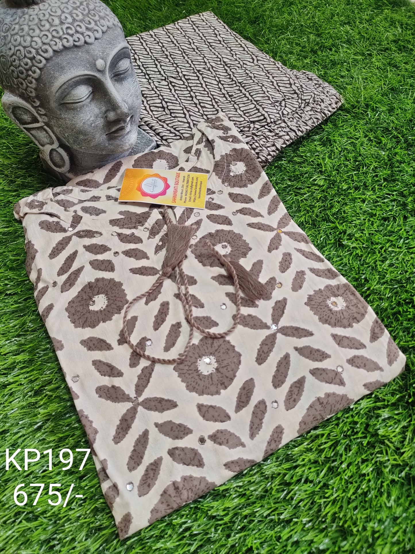 PREMIUM PURE COTTON WHITE BROWN KURTI PANTS SET - KP197