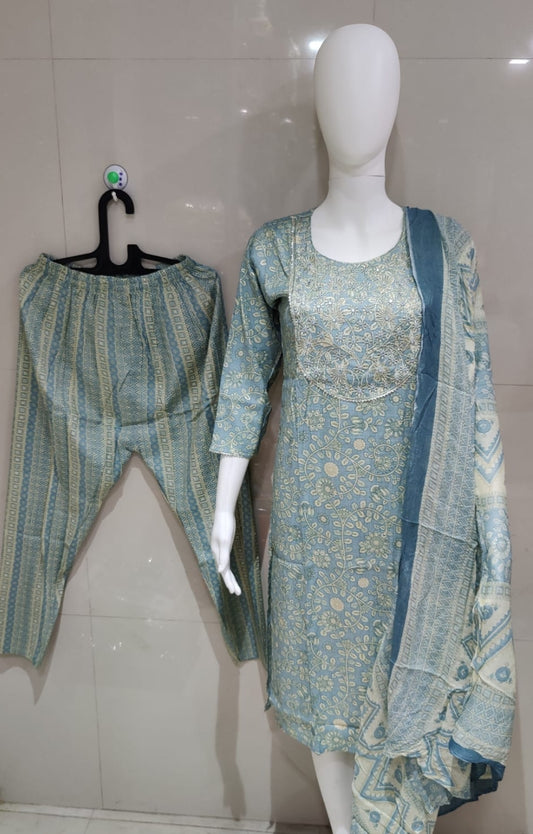 RAYON CAPSULE AQUAL BLUE DUPATTA PANTS SUIT SET - KDP175