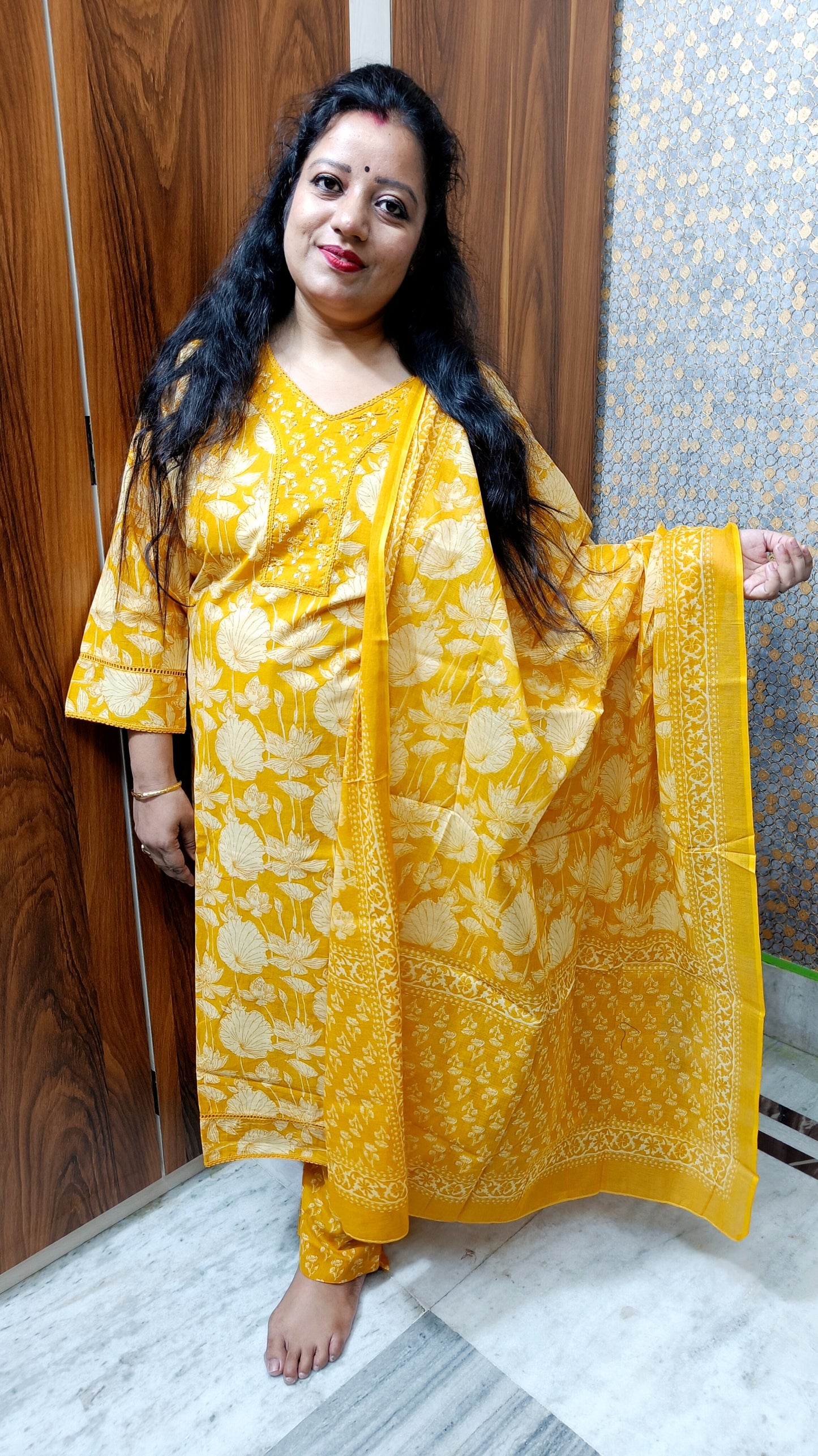 PLUS SIZE PURE COTTON DUPATTA PANTS FULL SUIT YELLOW - KDP335