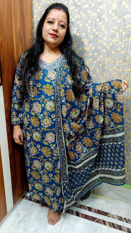 FLORAL BLUE PLUS SIZE PURE COTTON DUPATTA PANTS FULL SUIT - KDP331