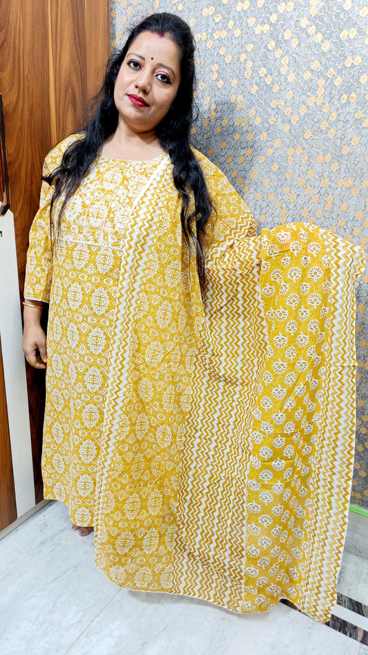 PLUS SIZE COTTON PANTS DUPATTA SET YELLOW - KDP372