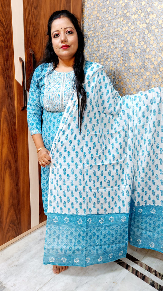 PREMIUM RAYON CAPSULE BLUE DUPATTA PANTS SUIT SET - KDP219