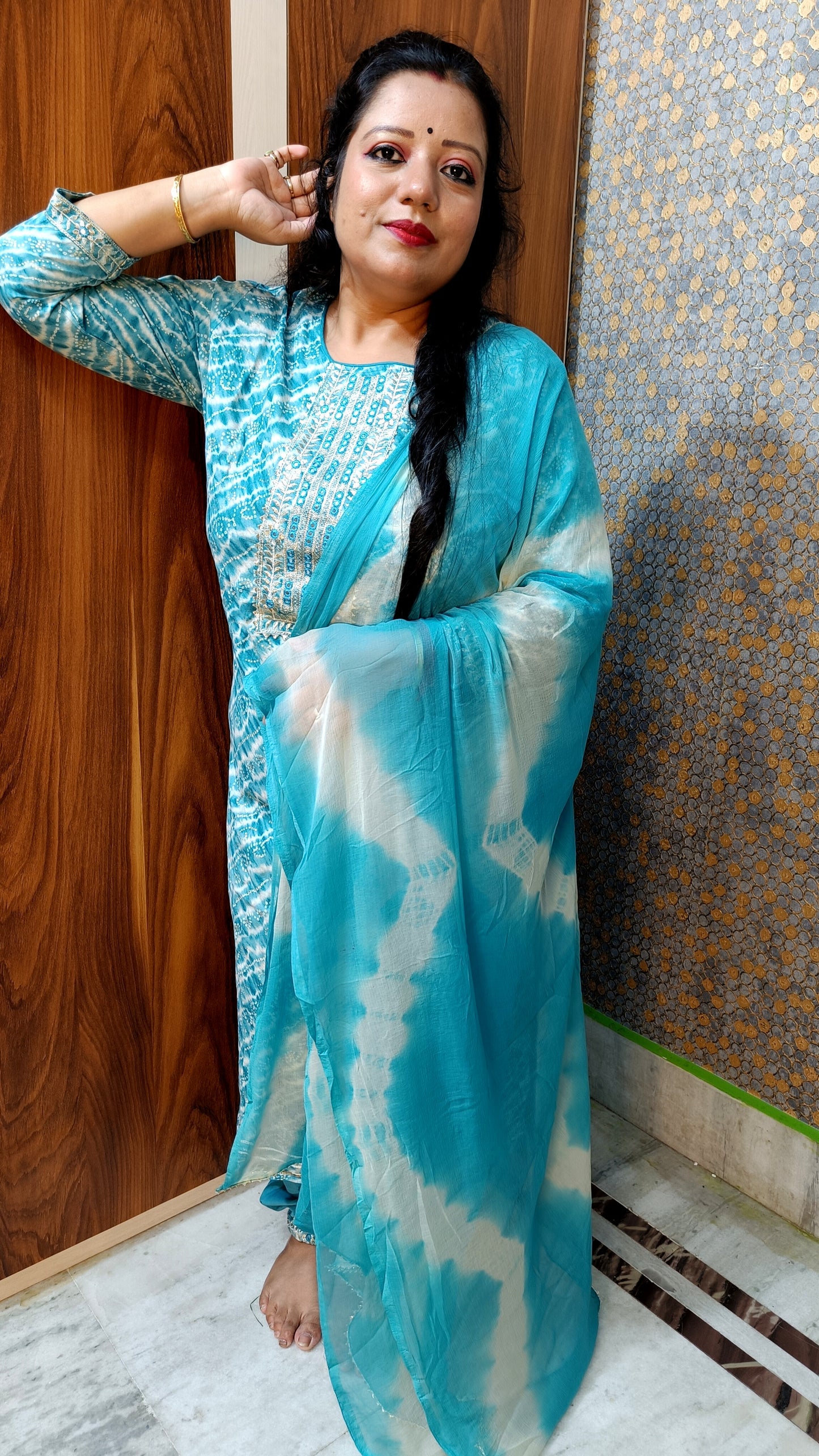 PREMIUM RAYON CAPSULE AQUA BLUE DUPATTA PANTS SUIT SET - KDP305