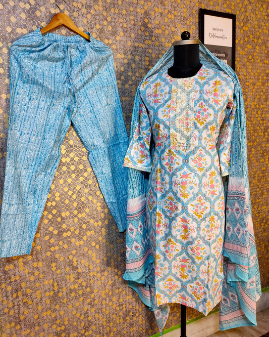 PREMIUM PURE COTTON AQUA BLUE DUPATTA PANTS SUIT SET - KDP324