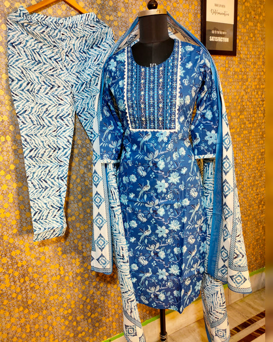 PREMIUM PURE COTTON BLUE DUPATTA PANTS SUIT SET - KDP250