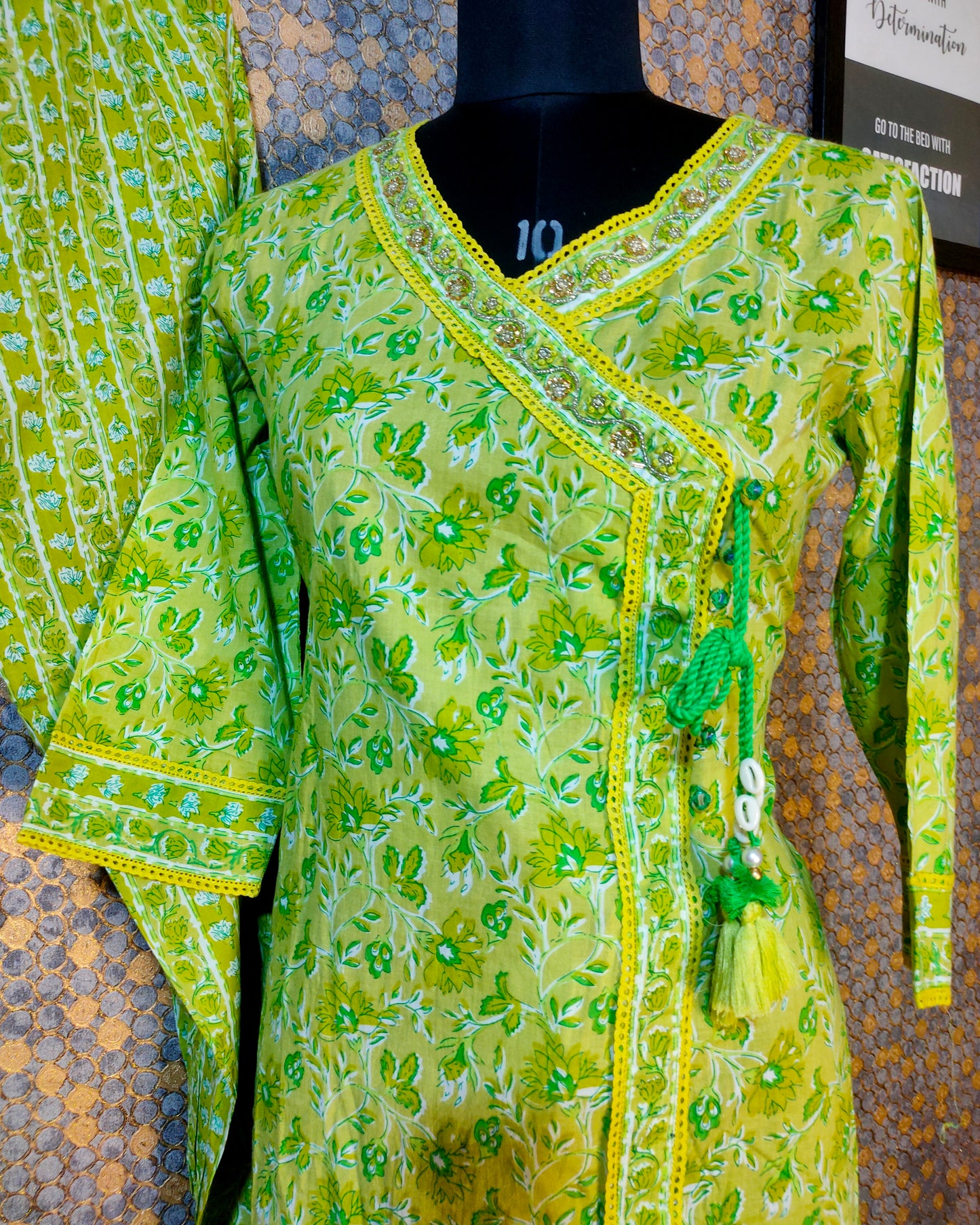 PREMIUM PURE COTTON ANGRAKHA YELLOW / GREEN KURTI PANTS SET - KP208