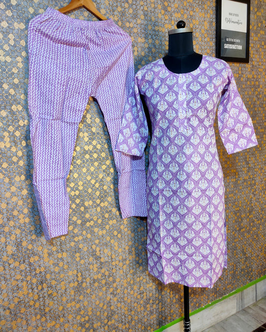 PREMIUM PURE COTTON PURPLE KURTI PANTS SET - KP189