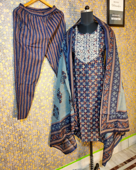 PREMIUM PURE COTTON BLUE DUPATTA PANTS SUIT SET - KDP266