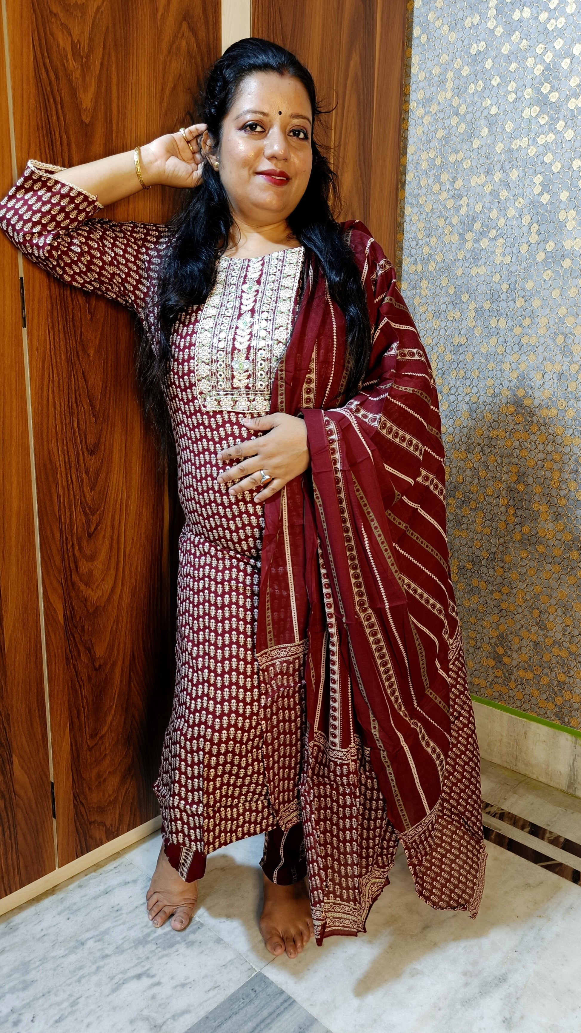 PLUS SIZE PREMIUM RAYON MAROON DUPATTA PANTS SUIT SET - KDP231