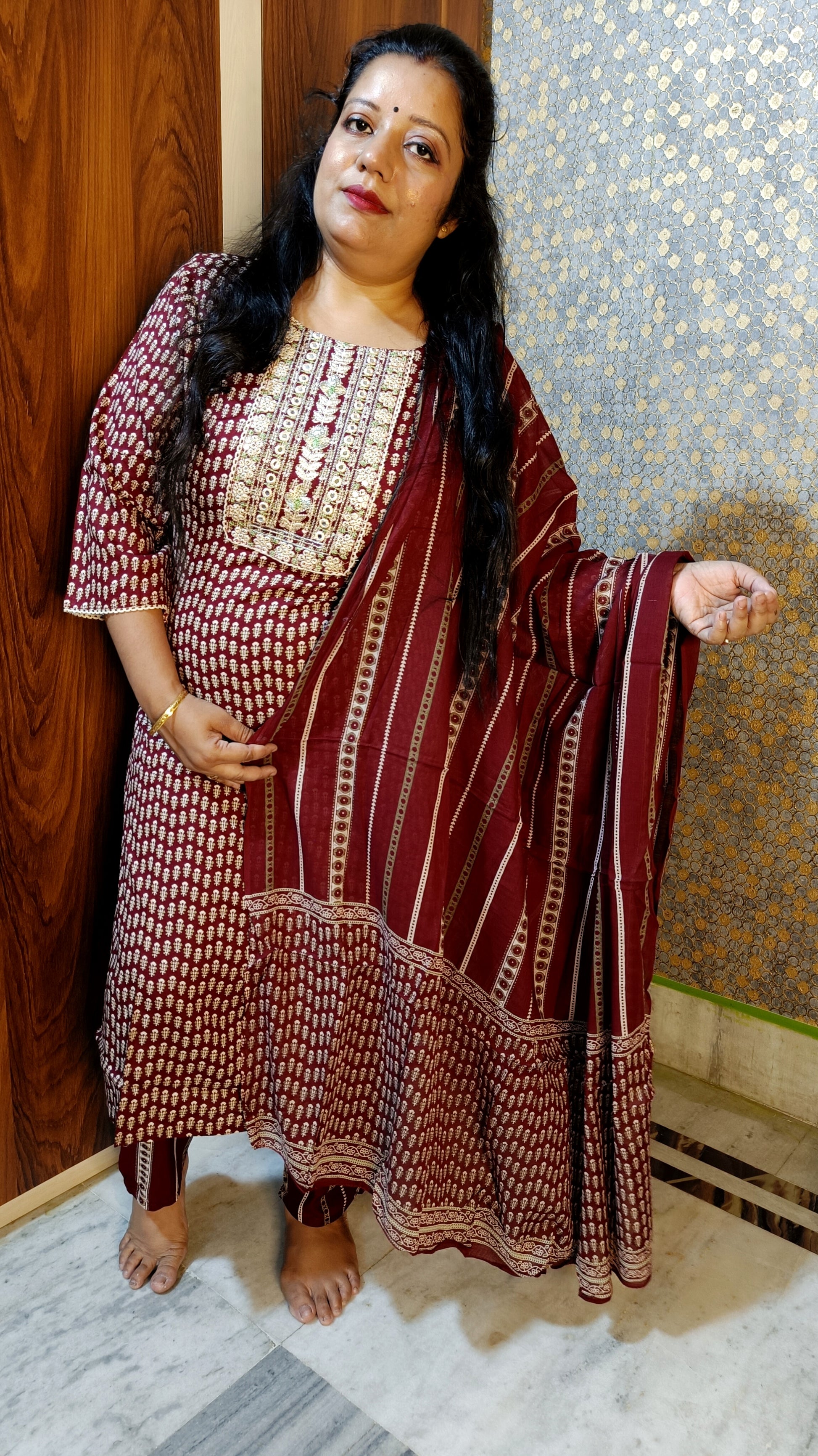 PLUS SIZE PREMIUM RAYON MAROON DUPATTA PANTS SUIT SET - KDP231