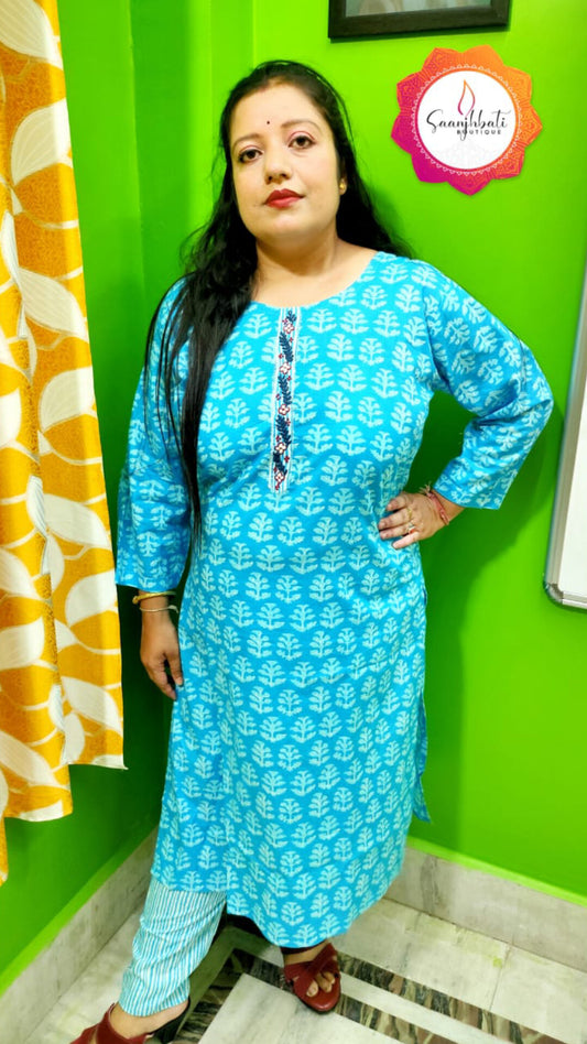 PREMIUM PURE COTTON SKY BLUE KURTI PANT SETS - KP120