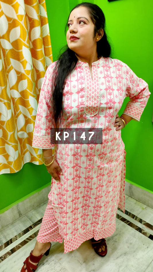 PREMIUM PURE COTTON WHITE PINK KURTI PANT SETS - KP147