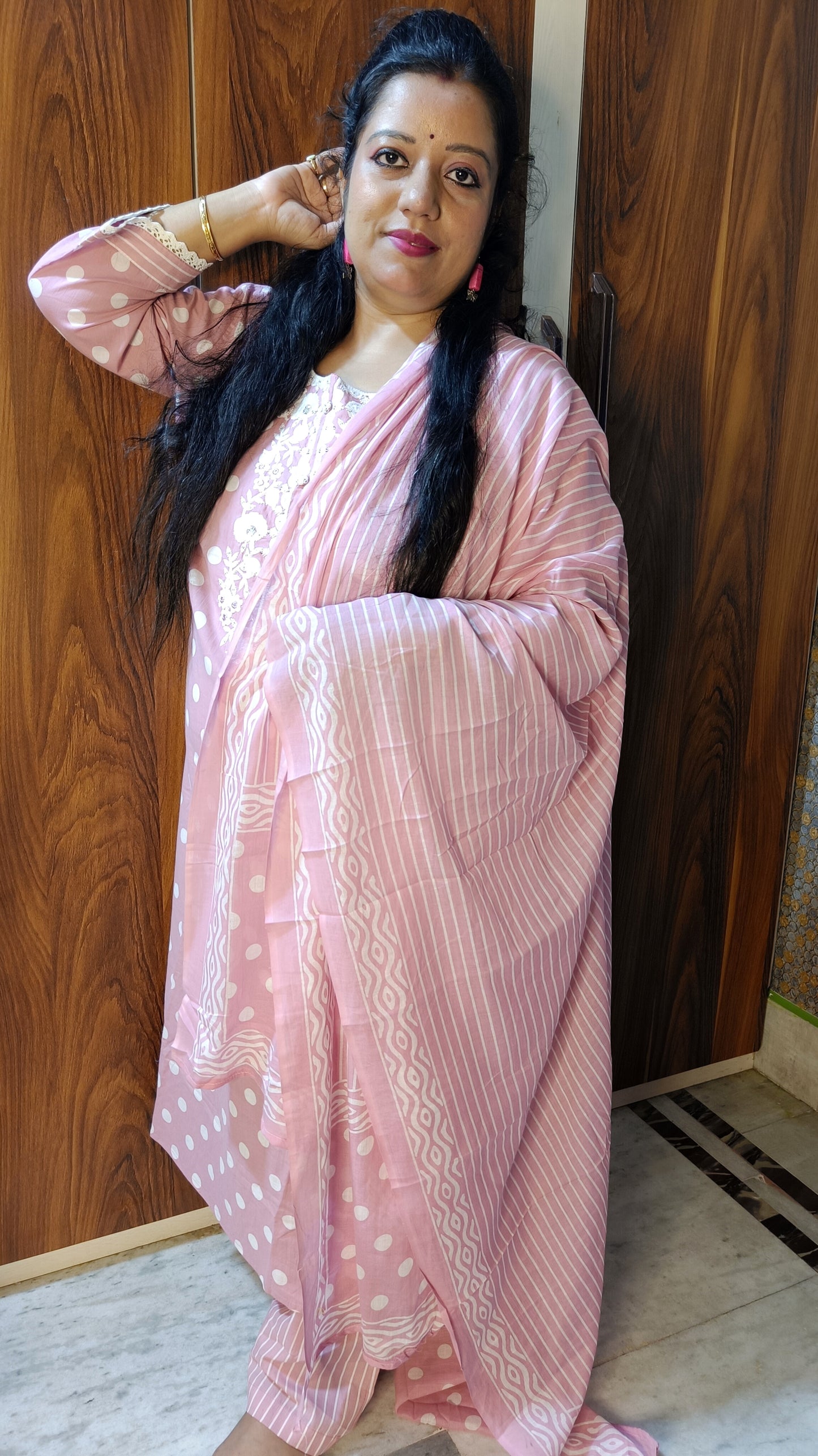 PLUS SIZE PURE COTTON POLKA DOTS PINK DUPATTA PANTS SUIT SET - KDP409