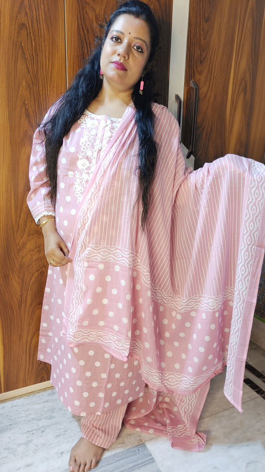 PLUS SIZE PURE COTTON POLKA DOTS PINK DUPATTA PANTS SUIT SET - KDP409