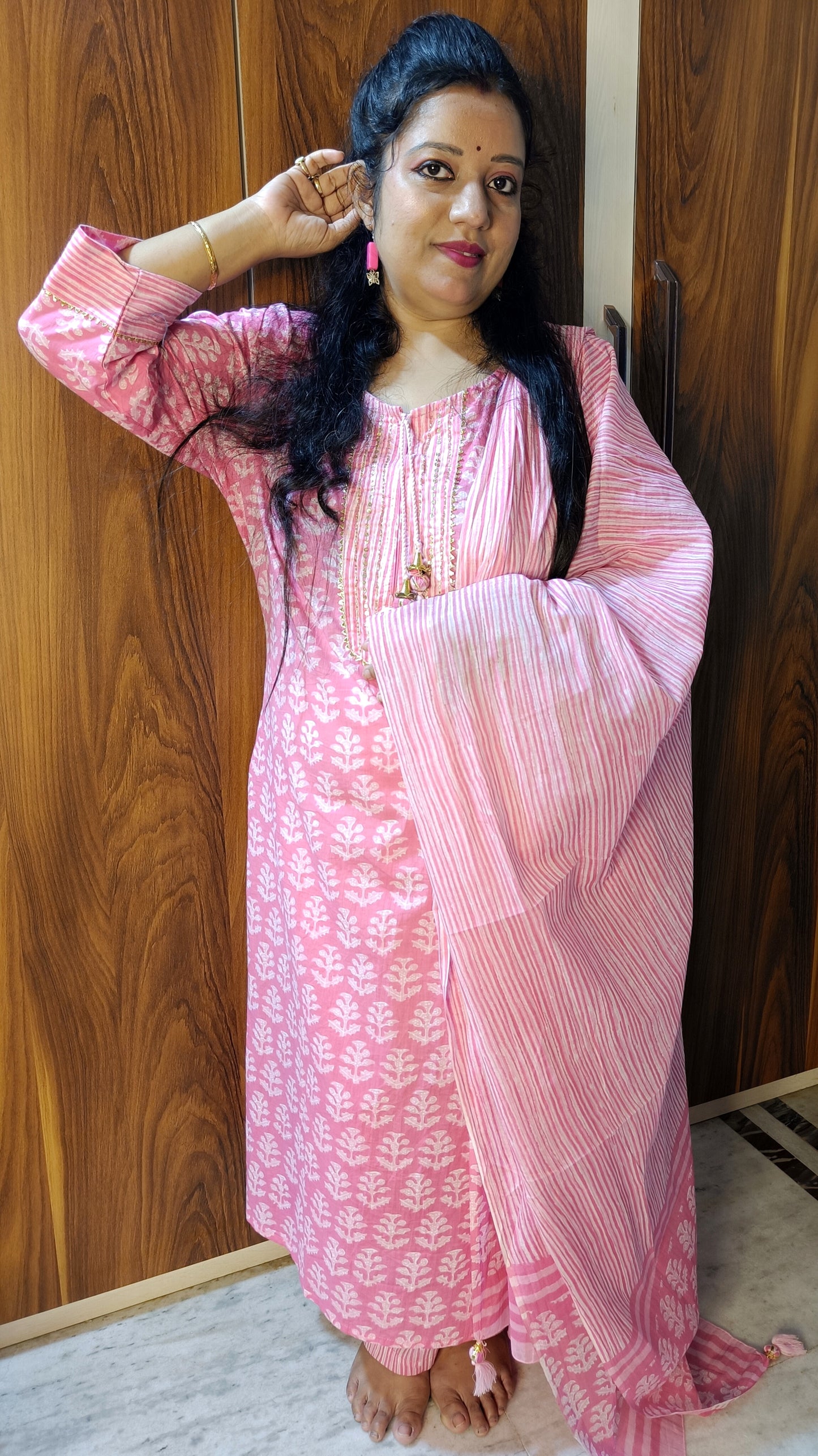 PLUS SIZE PURE COTTON PINK DUPATTA PANTS SUIT SET - KDP408