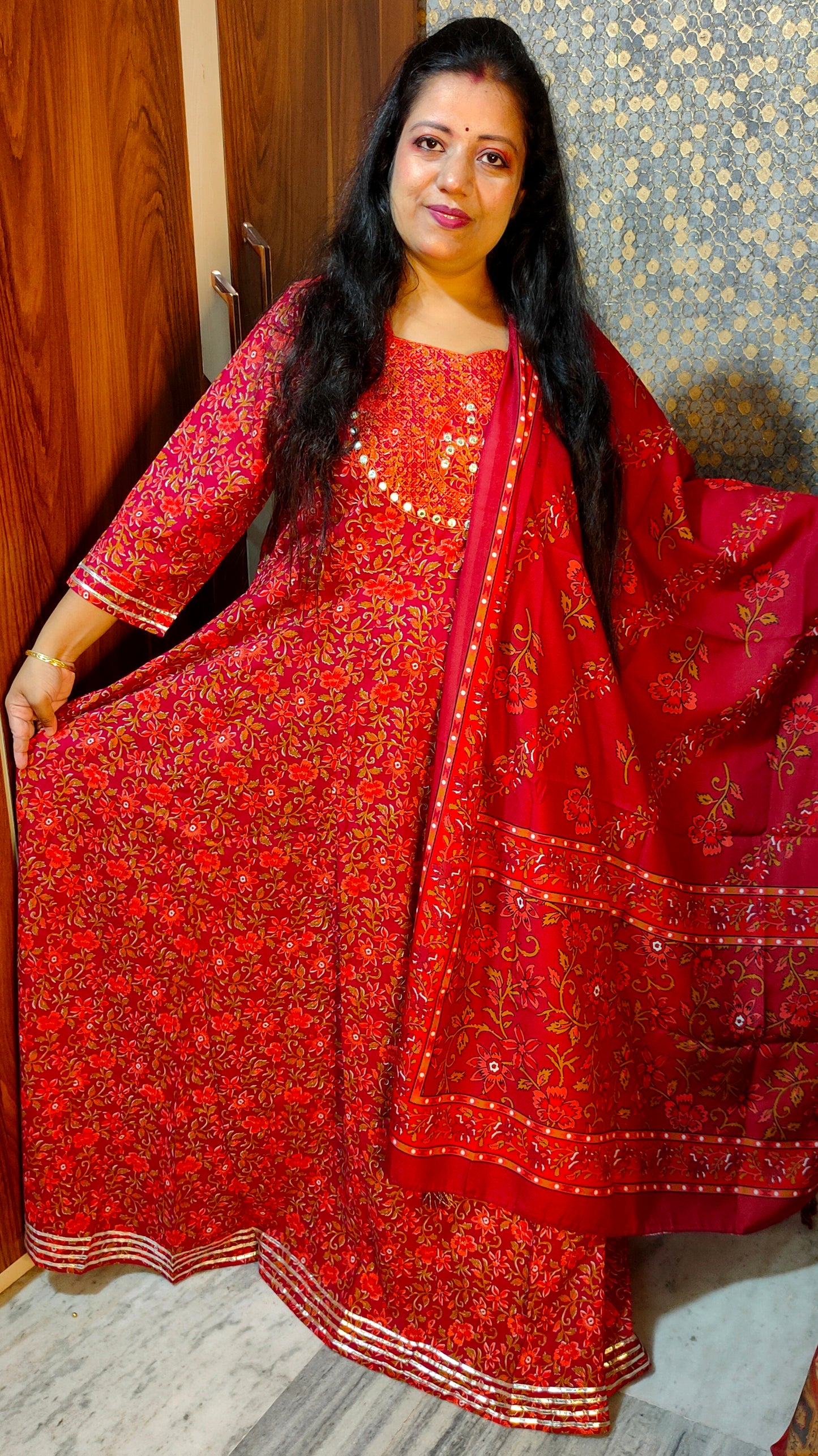 PLUS SIZE PREMIUM COTTON RED ANARKALI GOWN WITH DUPATTA - G206