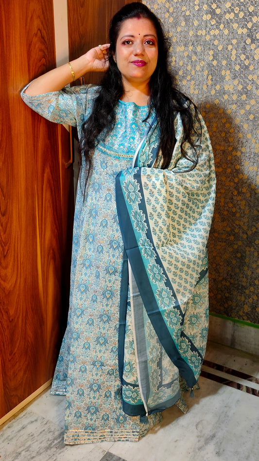 PLUS SIZE PREMIUM COTTON AQUA BLUE ANARKALI GOWN WITH DUPATTA - G207