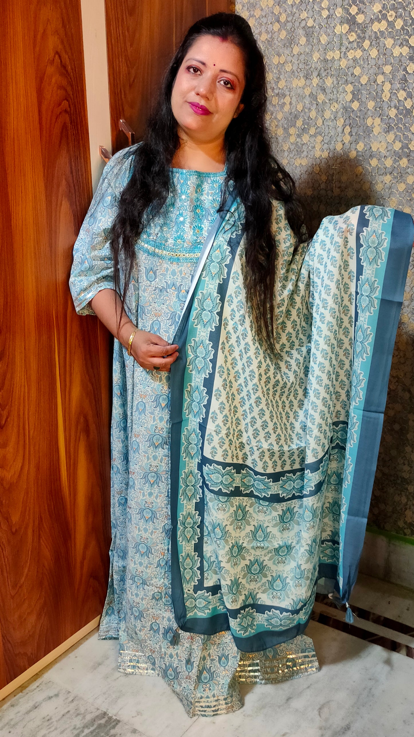 PLUS SIZE PREMIUM COTTON AQUA BLUE ANARKALI GOWN WITH DUPATTA - G207