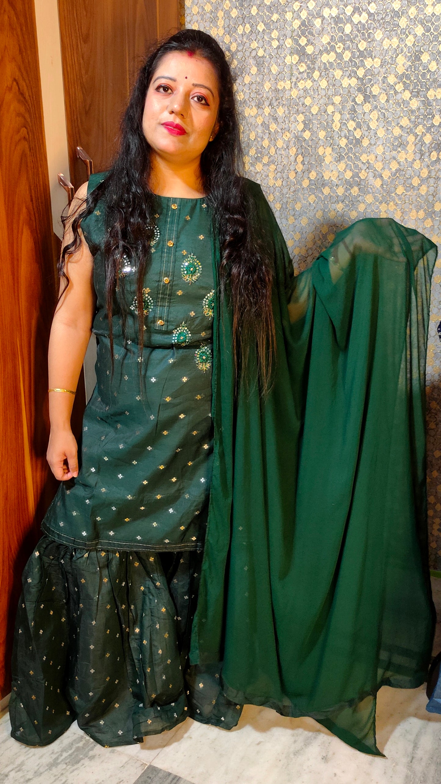 STYLISH AND DESIGNER MASLIN SILK GREEN SHARARA SUIT SET - SH107