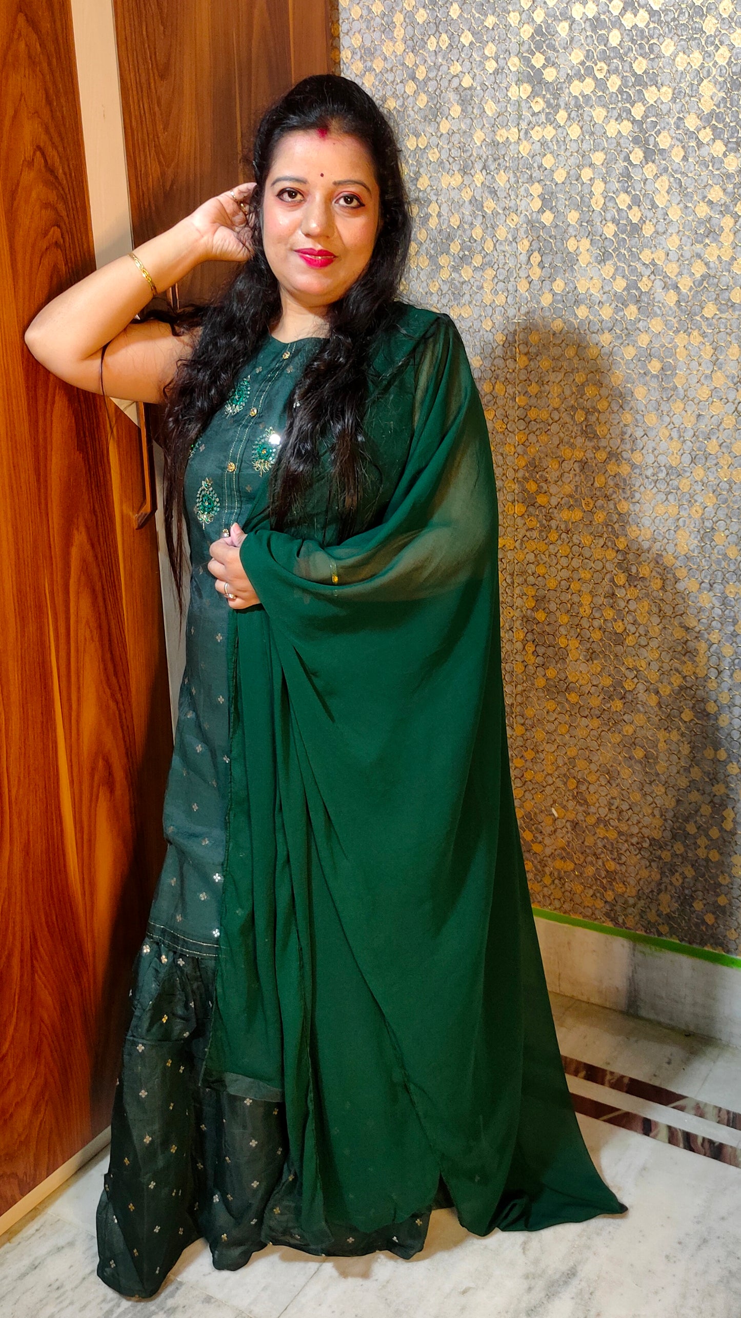 STYLISH AND DESIGNER MASLIN SILK GREEN SHARARA SUIT SET - SH107