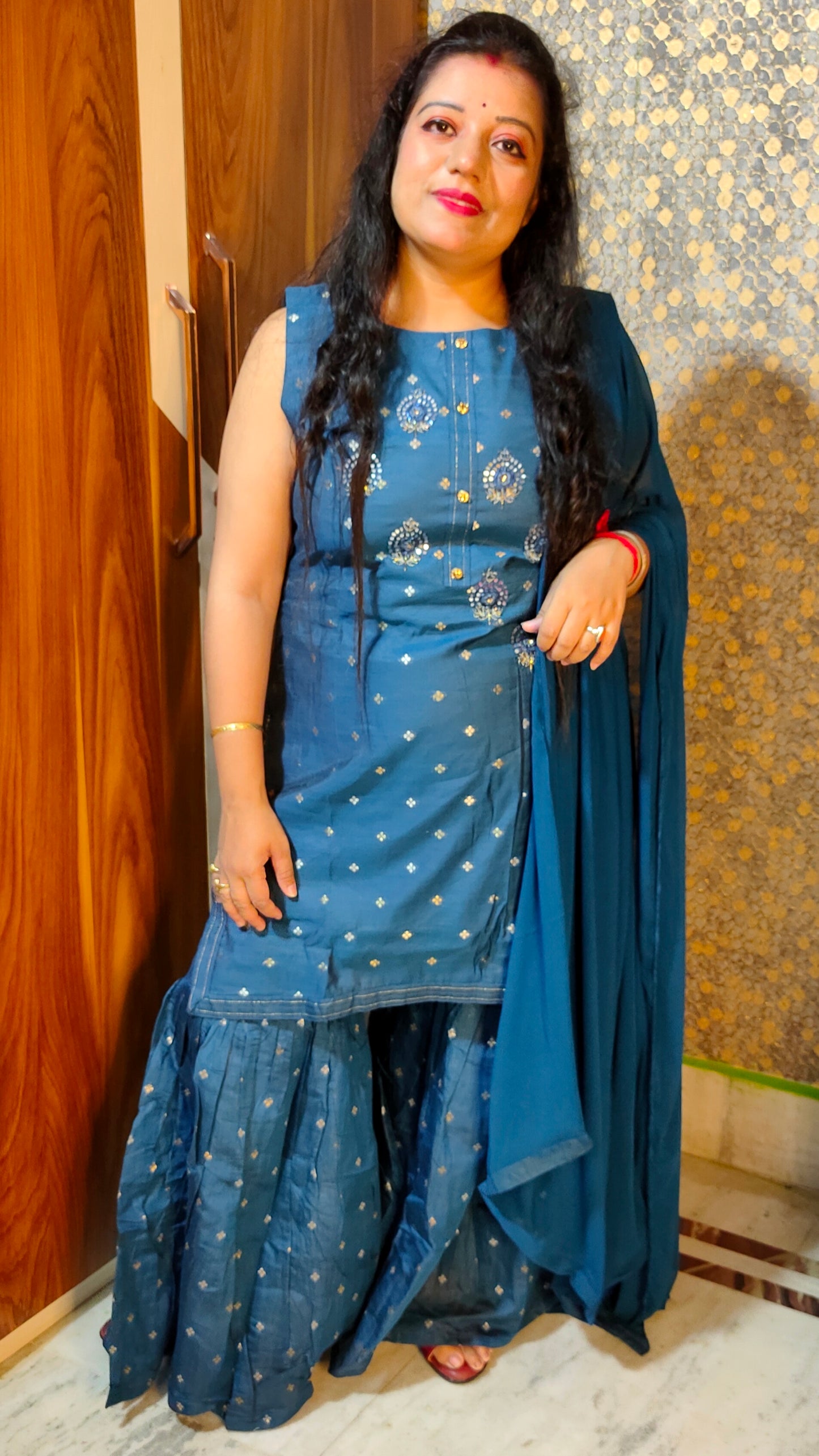 STYLISH AND DESIGNER MASLIN SILK BLUE SHARARA SUIT SET - SH107