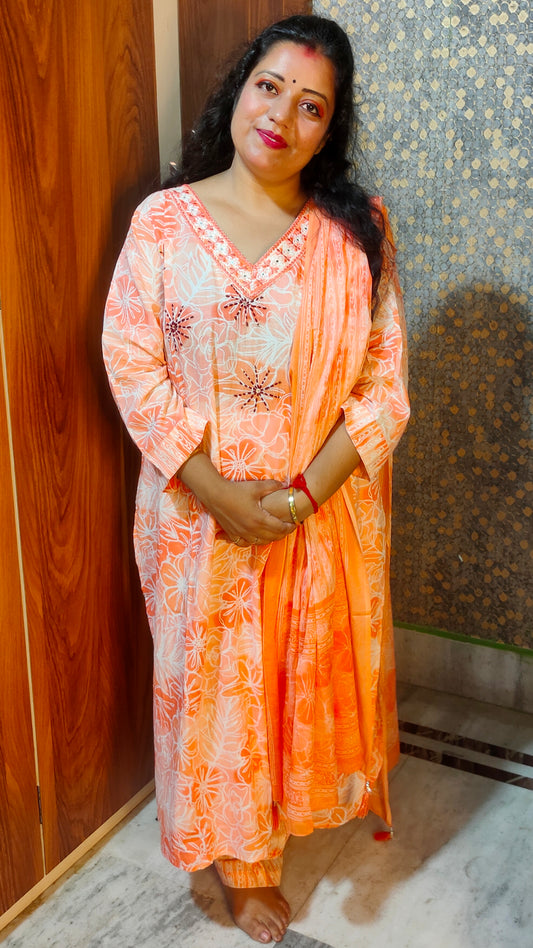 PLUS SIZE PURE COTTON ORANGE FLORAL DUPATTA PANTS SUIT SET - KDP410