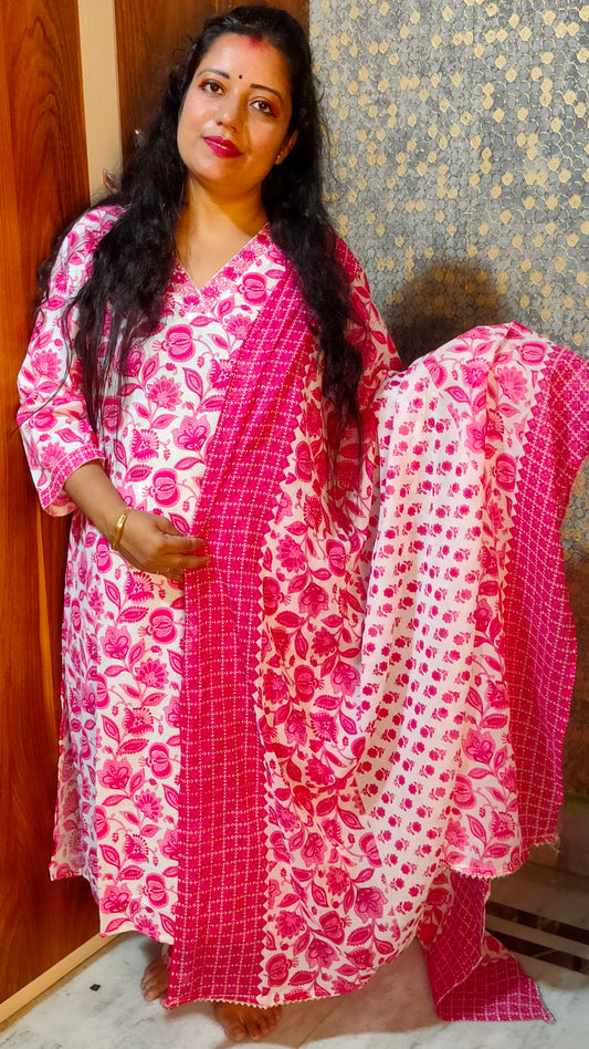 PLUS SIZE PURE COTTON PINK FLORAL DUPATTA PANTS SUIT SET - KDP405