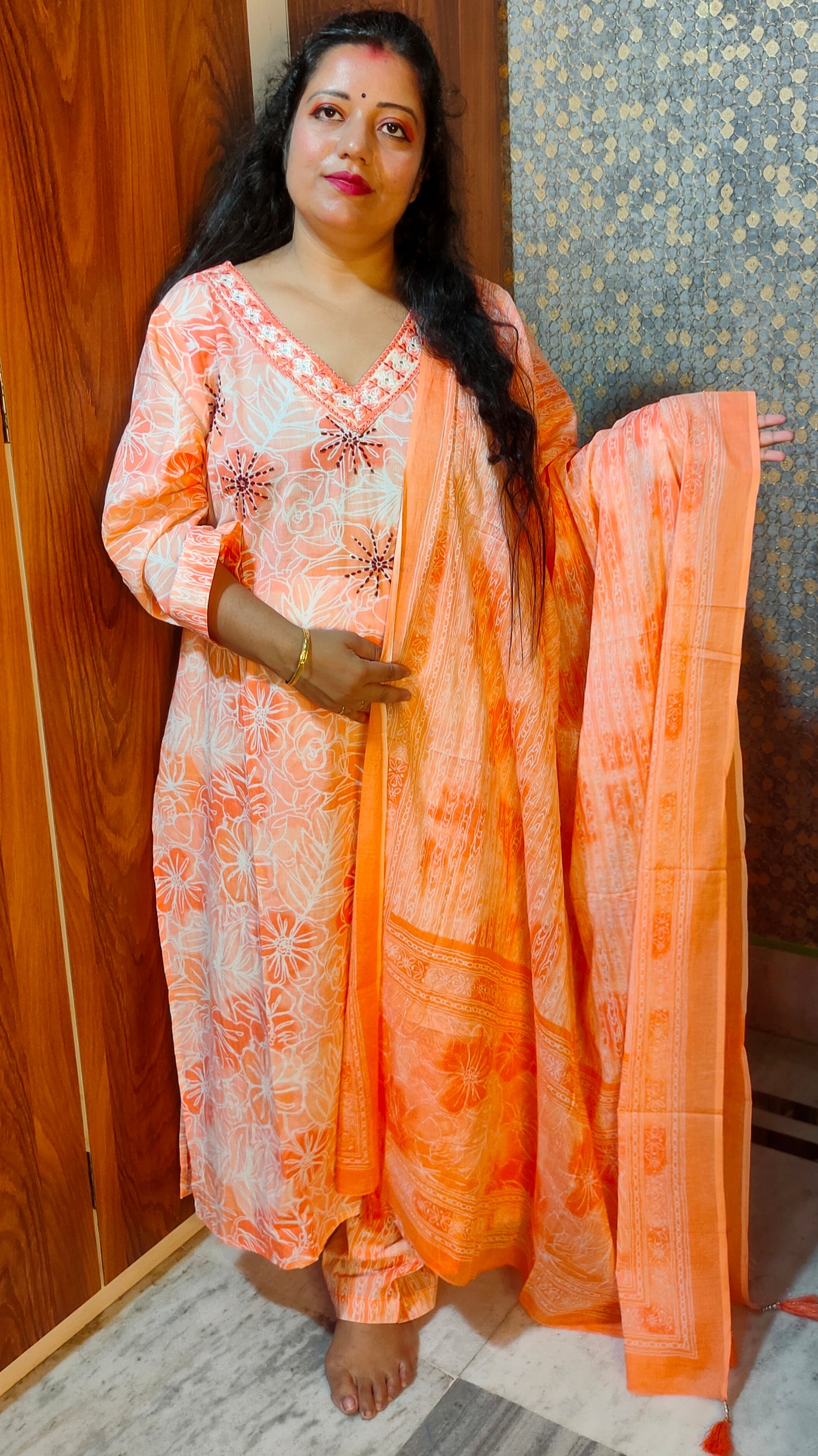 PLUS SIZE PURE COTTON ORANGE FLORAL DUPATTA PANTS SUIT SET - KDP410