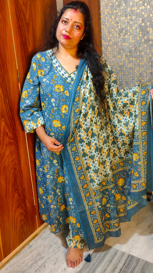 PLUS SIZE PURE COTTON BLUE FLORAL DUPATTA PANTS SUIT SET - KDP411