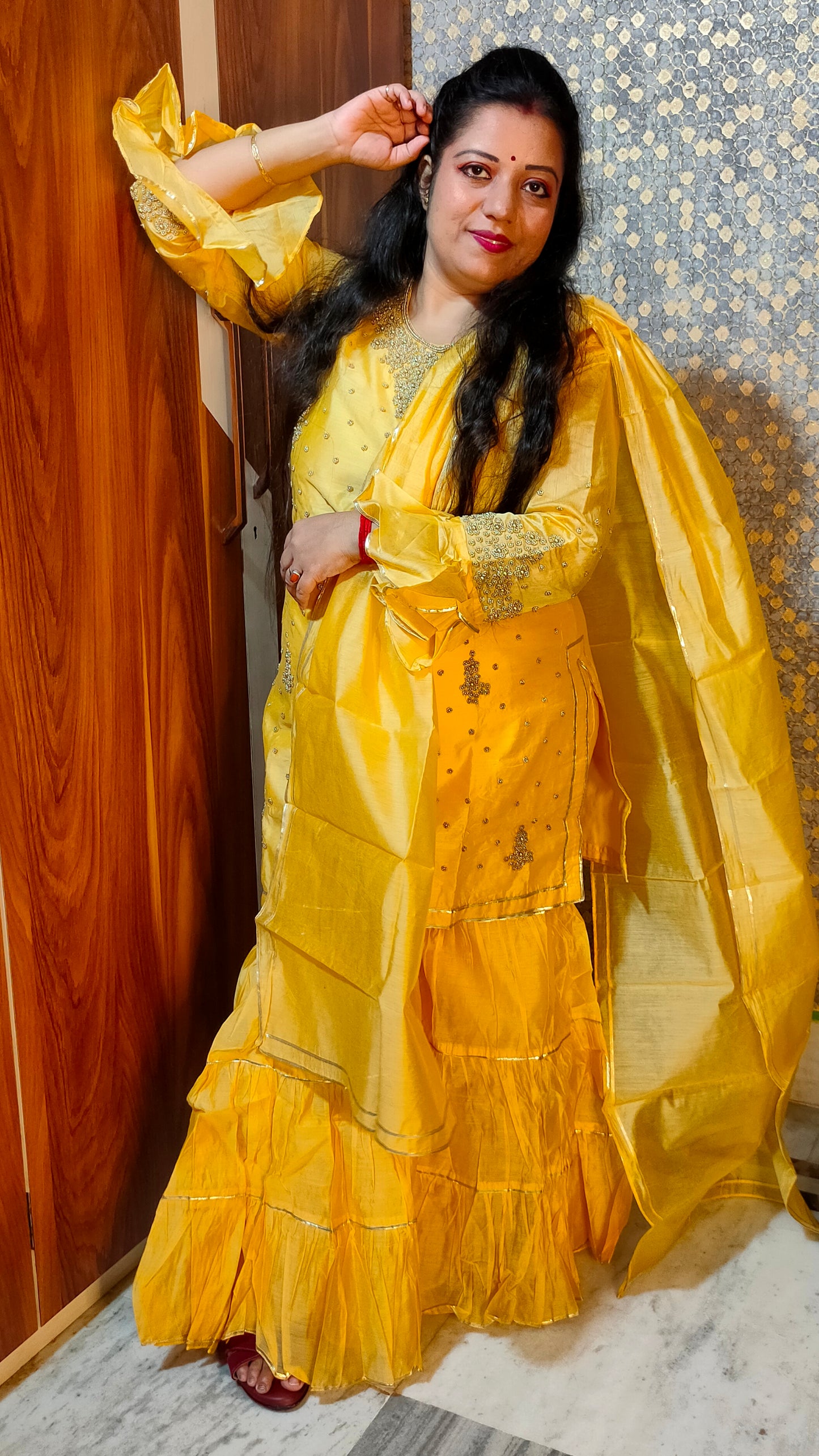 STYLISH AND DESIGNER CHANDERI SILK YELLOW SHARARA SUIT SET - SH105