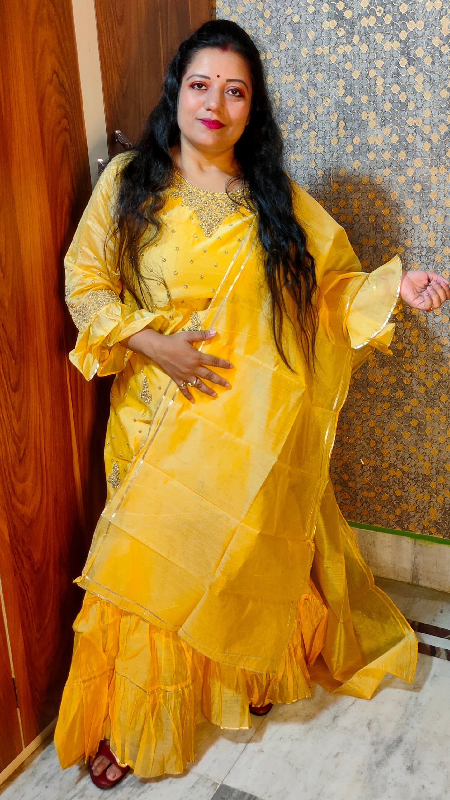 STYLISH AND DESIGNER CHANDERI SILK YELLOW SHARARA SUIT SET - SH105