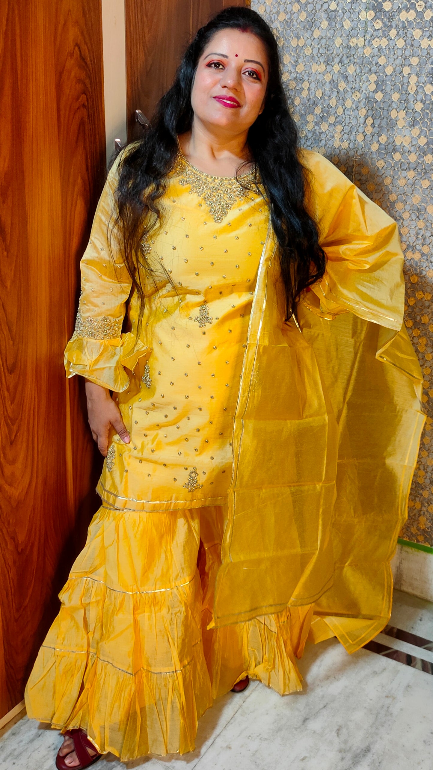 STYLISH AND DESIGNER CHANDERI SILK YELLOW SHARARA SUIT SET - SH105