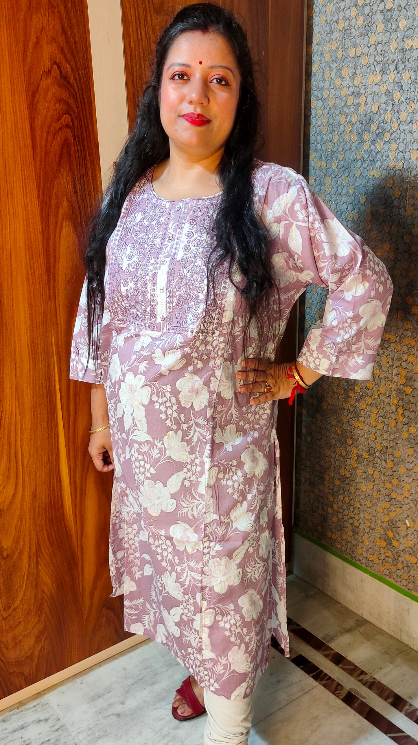 PLUS SIZE PURE COTTON NECK EMBROIDERY MAUVE KURTI - K264