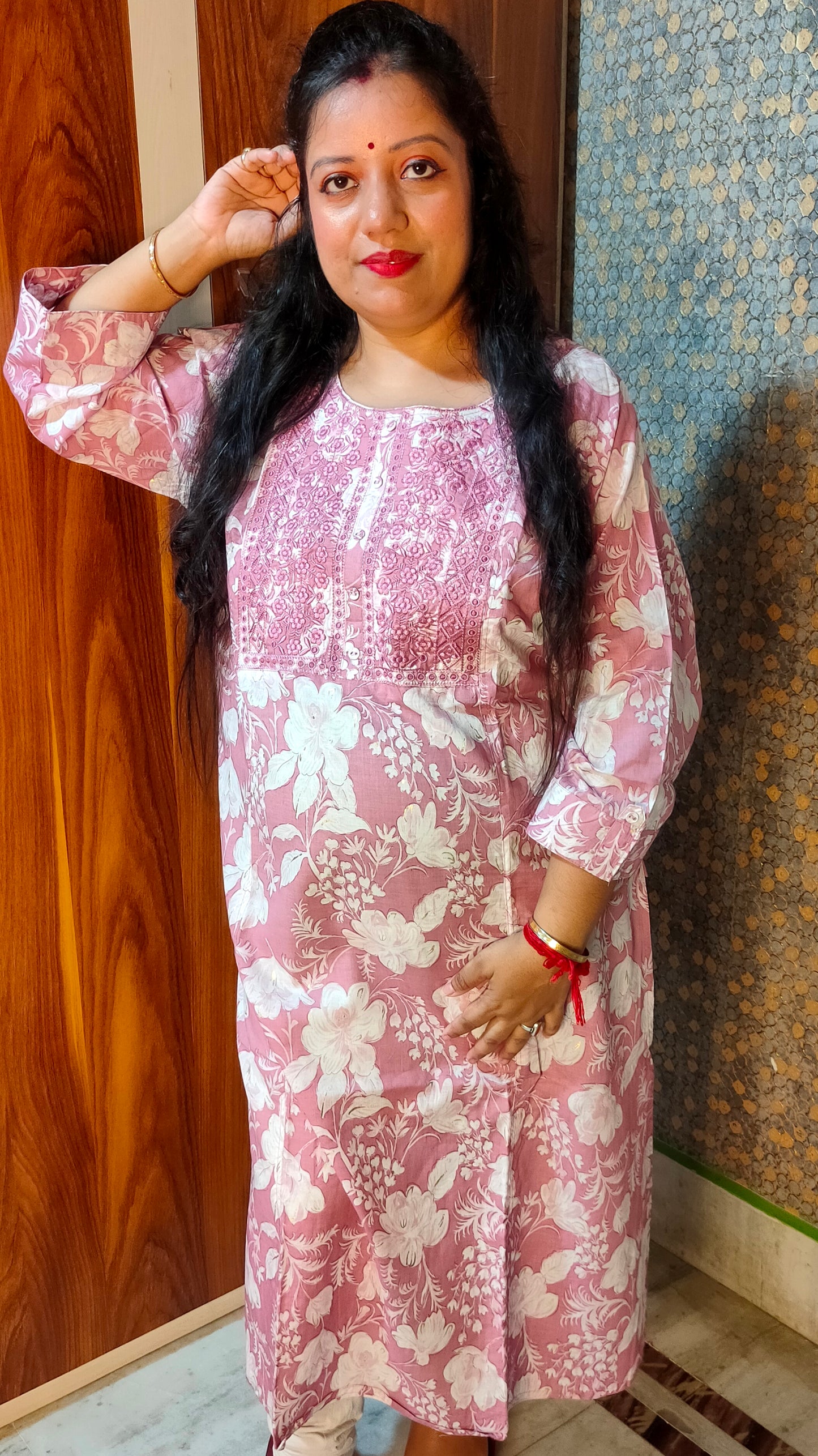 PLUS SIZE PURE COTTON NECK EMBROIDERY PEACH KURTI - K264