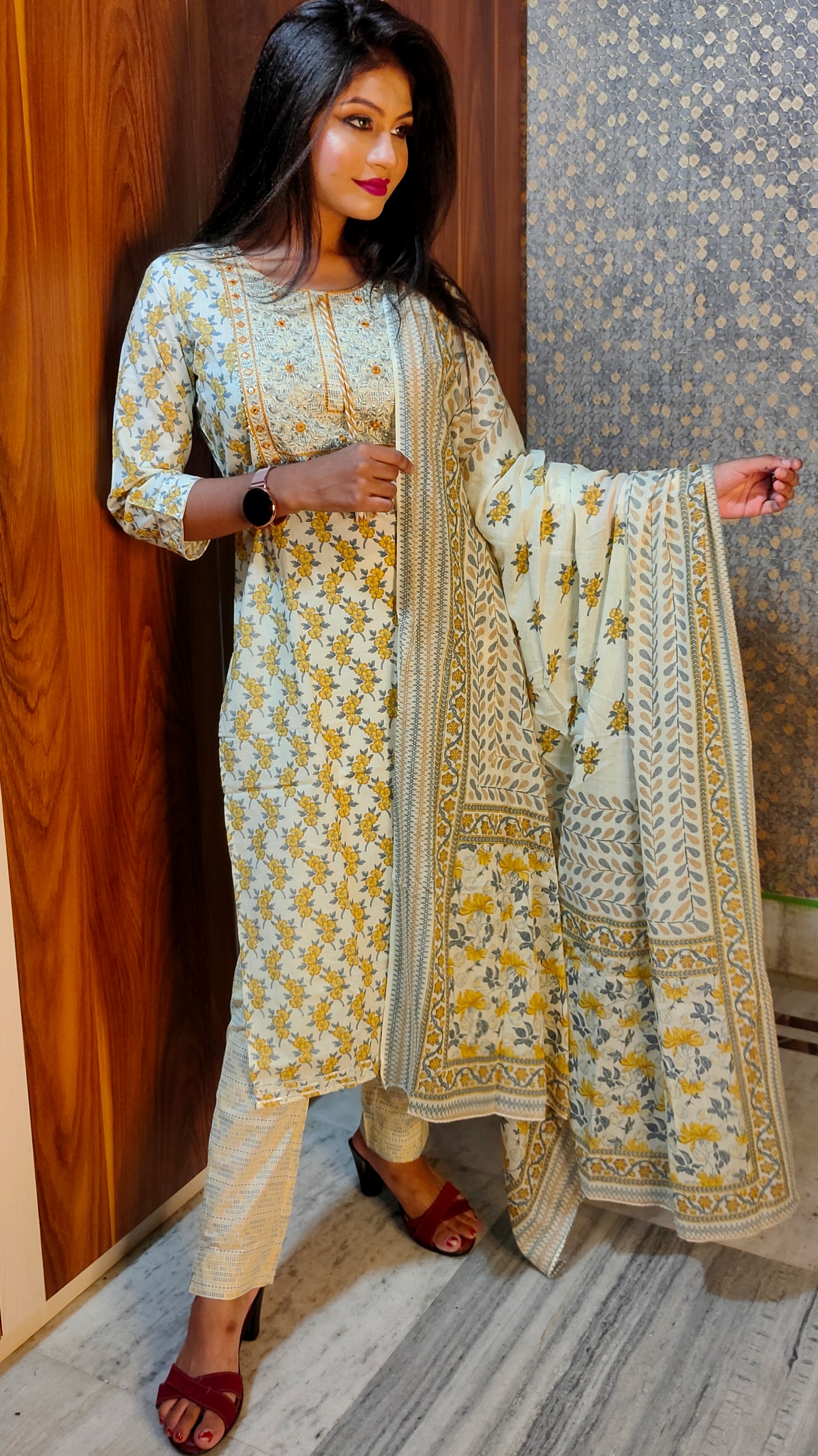 PURE COTTON EMBROIDERY YELLOW DUPATTA PANTS SUIT SET - KDP186