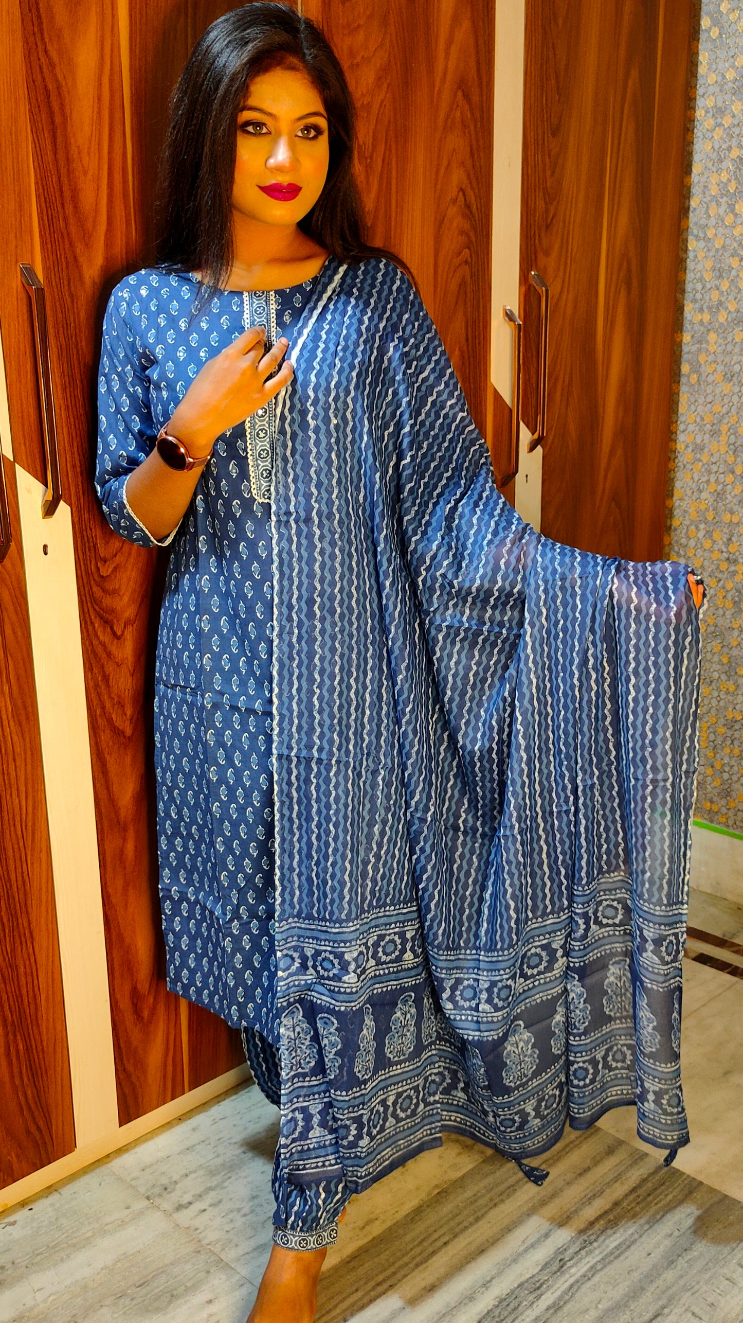 PURE COTTON AFGHANI BLUE DUPATTA PANTS SUIT SET - KDP190