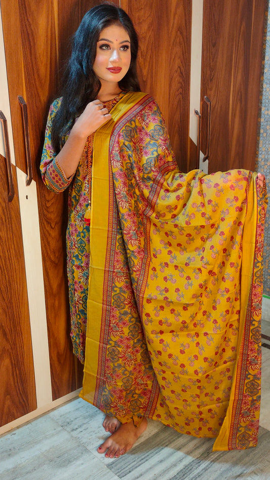 PURE COTTON YELLOW DUPATTA PANTS SUIT SET - KDP326